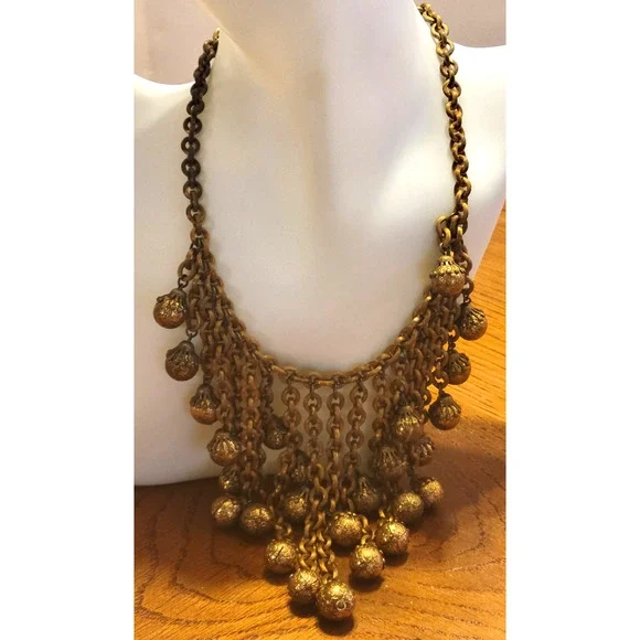 Unsigned Miriam Haskell Heavy Gold Chain Filigree Ball Dangle Tassel Jewelry